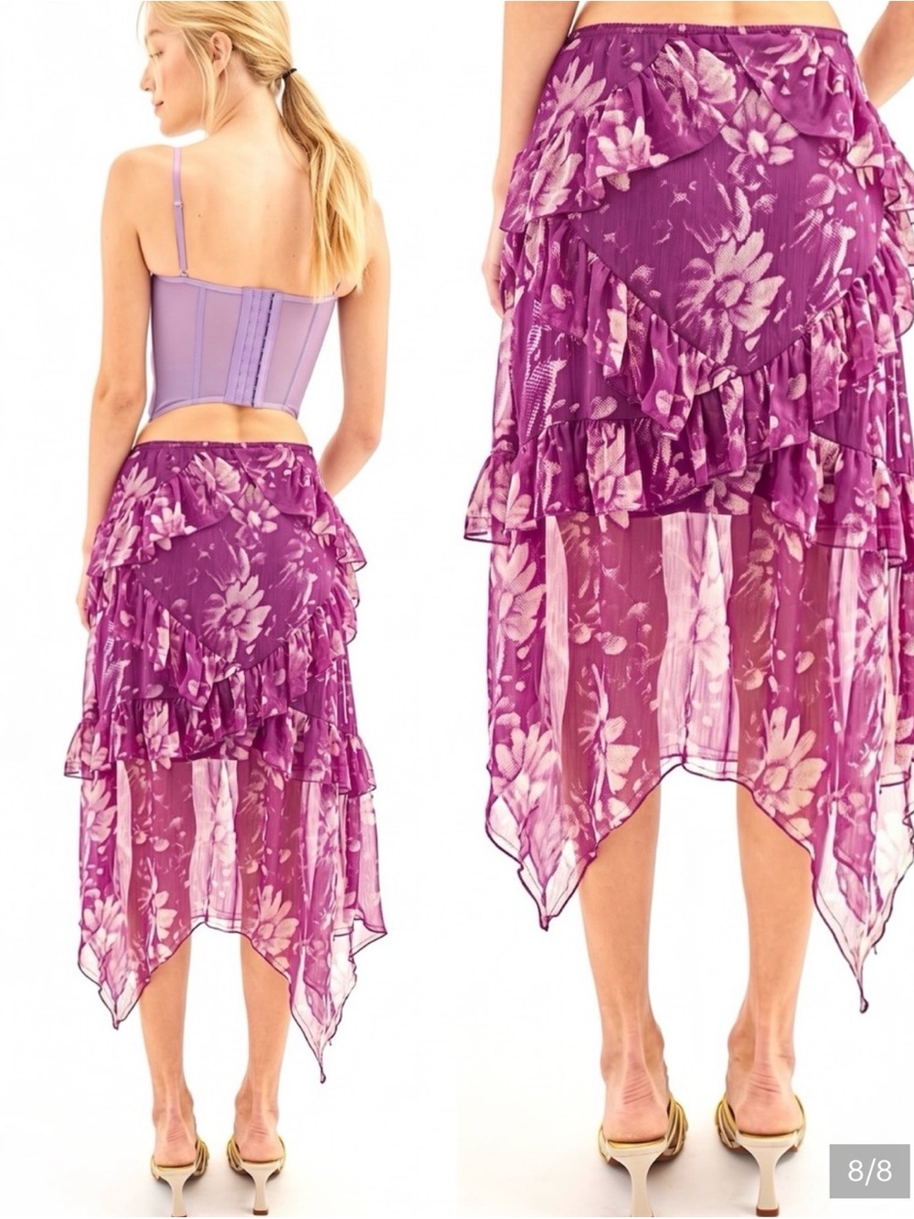 Urban Outfitters Purple Floral Ruffle Handkerchief-Hem Skirt
